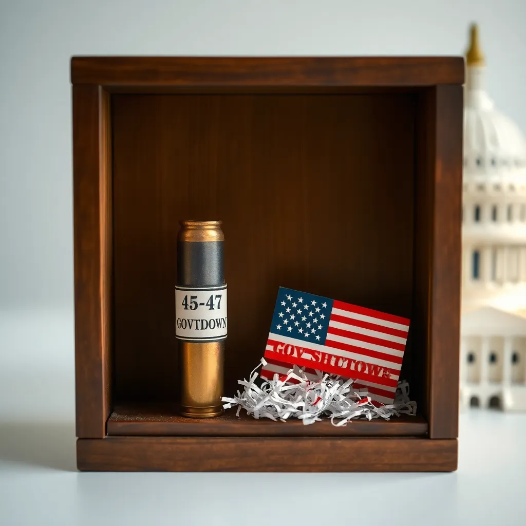 Vintage wooden gun cabinet displaying a single ornate rifle cartridge labeled '45-47 GOV SHUTDOWN' next to a tiny American flag made of shredded paper, soft focus background of Capitol Building model