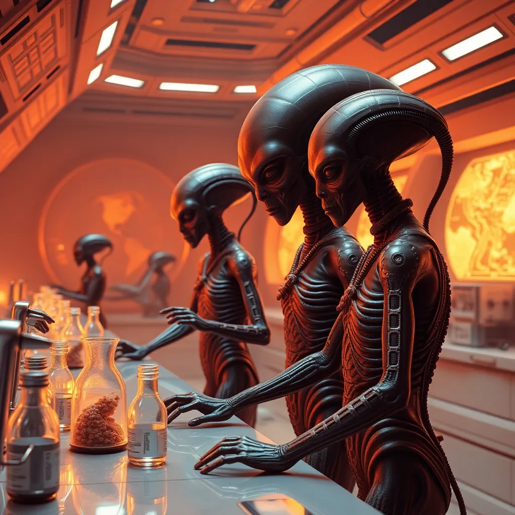 Anunaki aliens genetically modifying early hominids in a futuristic lab setting