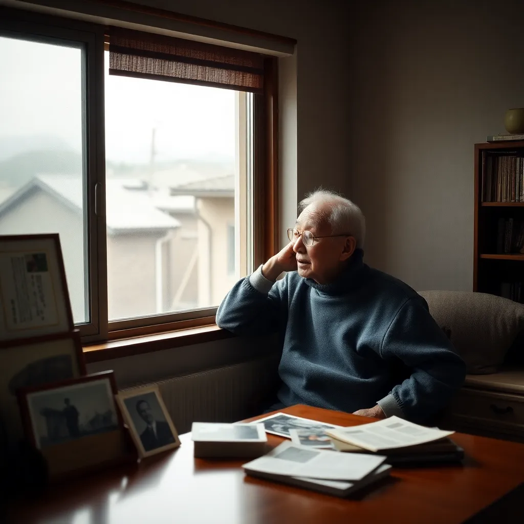 elderly Japanese man in modest home speaking thoughtfully by a window, photographs and documents on a table, soft natural light, reflective mood, subtle references to postwar life and resilience, realistic portrait photography style
