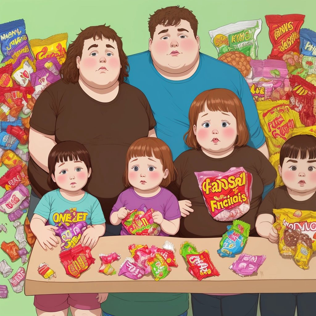 Depressed family surrounded by junk food
