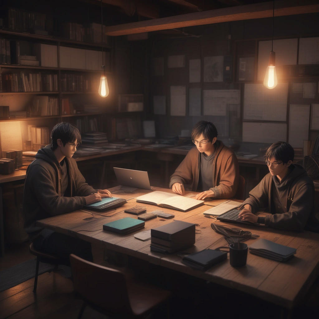 A group of programmers sitting around a table, surrounded by laptops and coding books, discussing Raku, warm lighting, cozy atmosphere, 4k, high detail, concept art by Loish