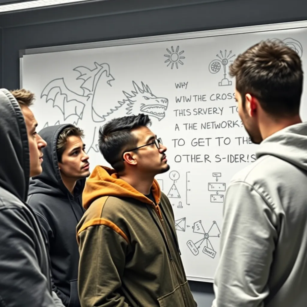 Sweating IT professionals in hoodies staring in confusion at a whiteboard covered in dry-erase doodles of dragons, network diagrams, and the phrase 'Why did the server cross the network? TO GET TO THE OTHER S-SIDE!', one person facepalming