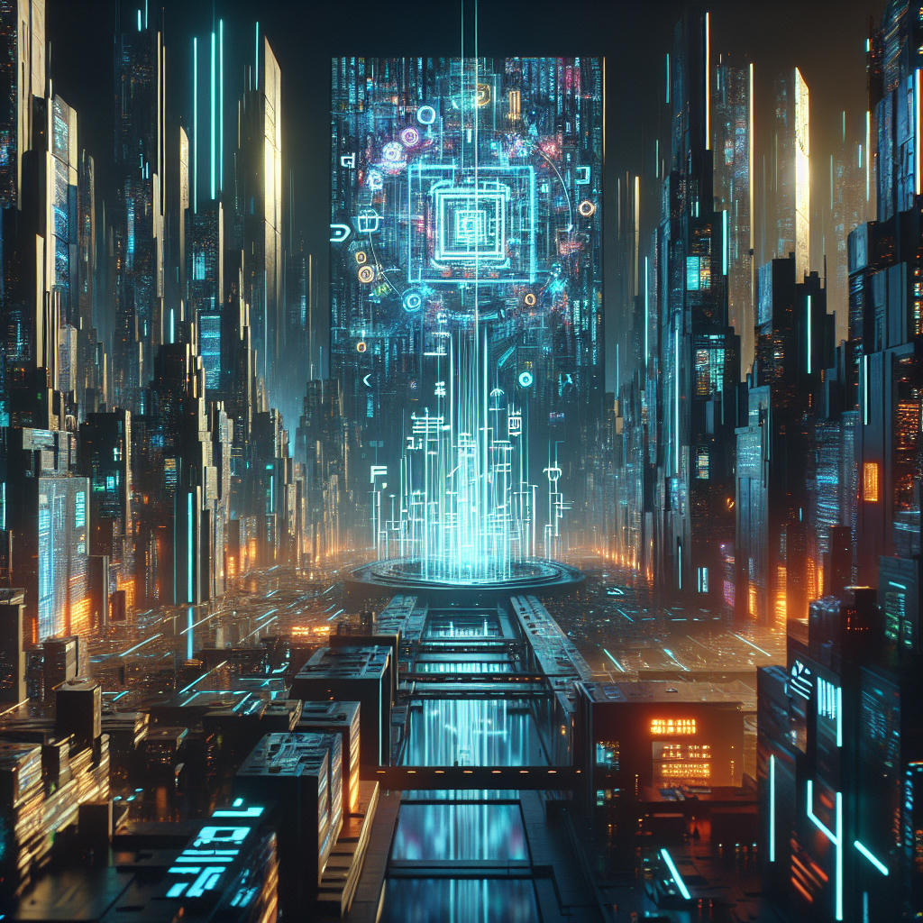 A futuristic cityscape at night, with towering skyscrapers and neon lights, a giant screen displaying a code-like narrative, with characters and symbols swirling around, cyberpunk atmosphere, high-tech, sleek, modern, futuristic, dystopian, cinematic, 4K, hyper-realistic, concept art by Daniel Dociu and Ian McQue