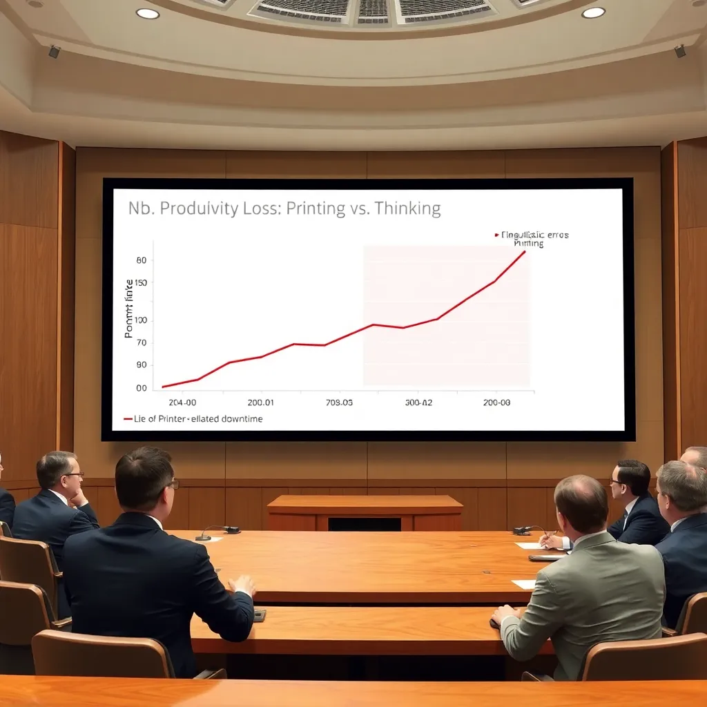 A government briefing room with a large screen displaying a chart titled 'Productivity Loss: Printing vs. Thinking', showing a flat line for linguistic errors and a skyrocketing line for printer-related downtime, officials in suits looking concerned.