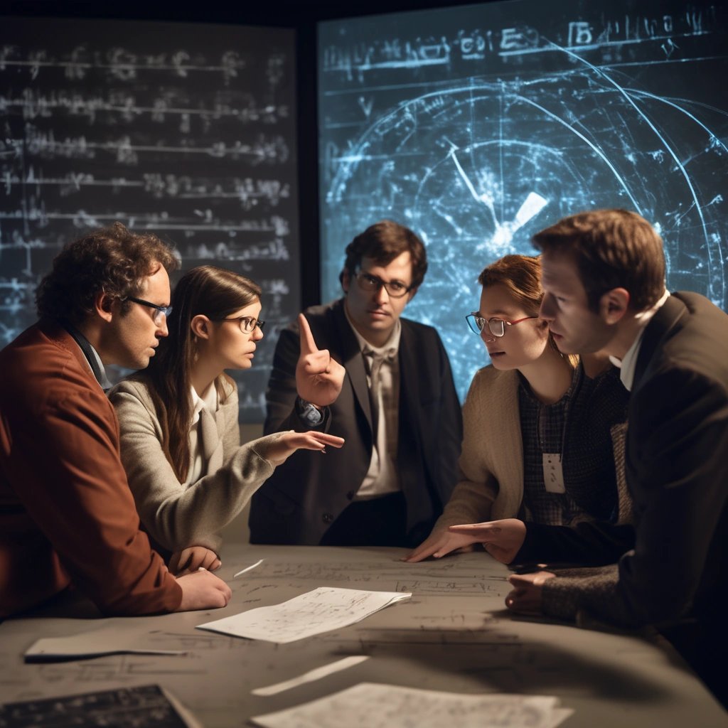 Scientists discussing the implications of the wibbly wobbly nature of time
