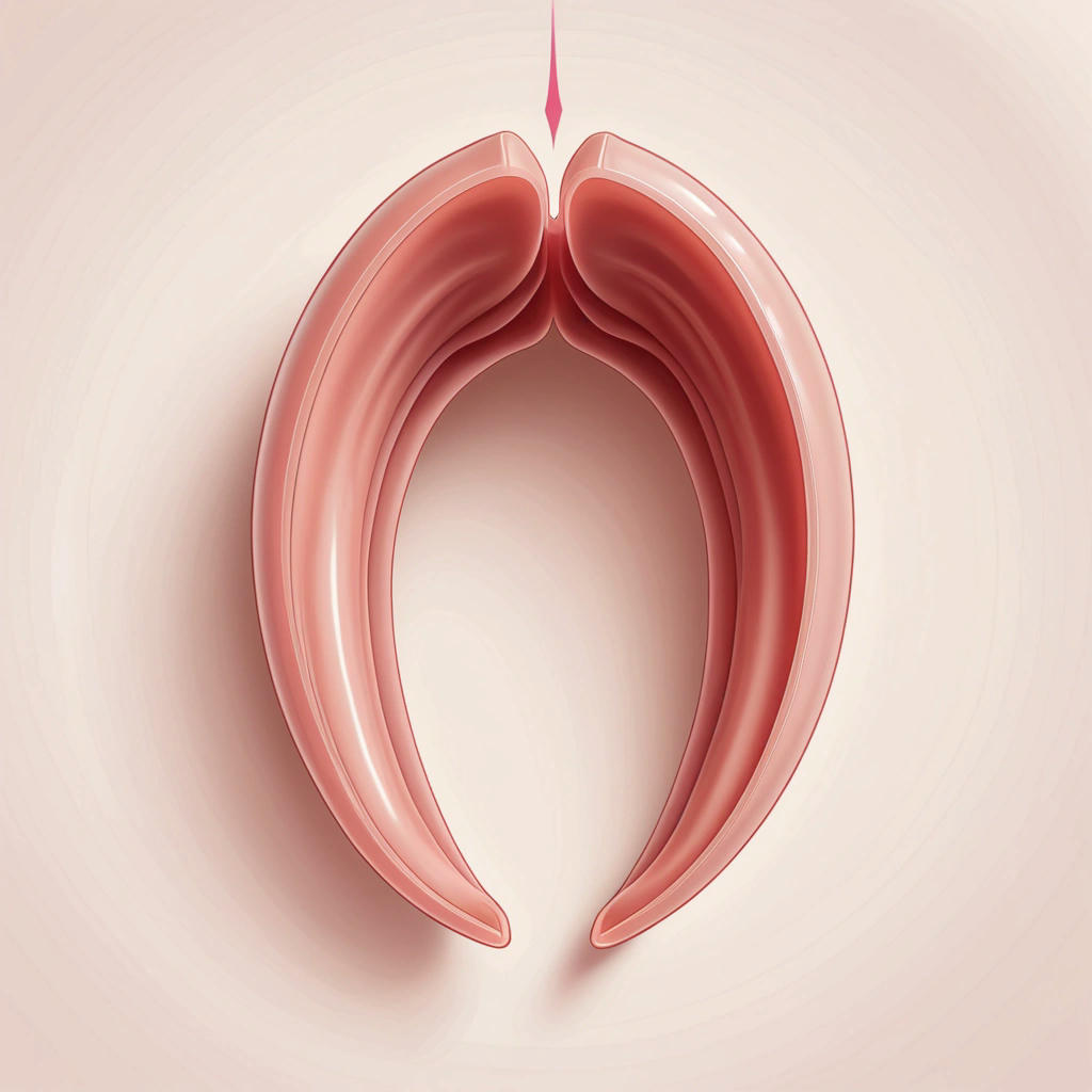 An illustration of a horseshoe shape with a subtle, curved line and a small clitoral hood