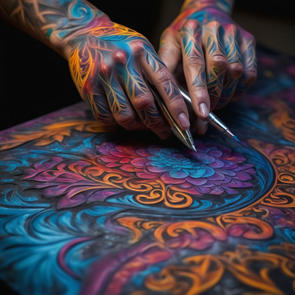 A body paint artist working on a model, close-up of intricate design, vibrant colors, high quality, realistic, focused atmosphere, artistic process