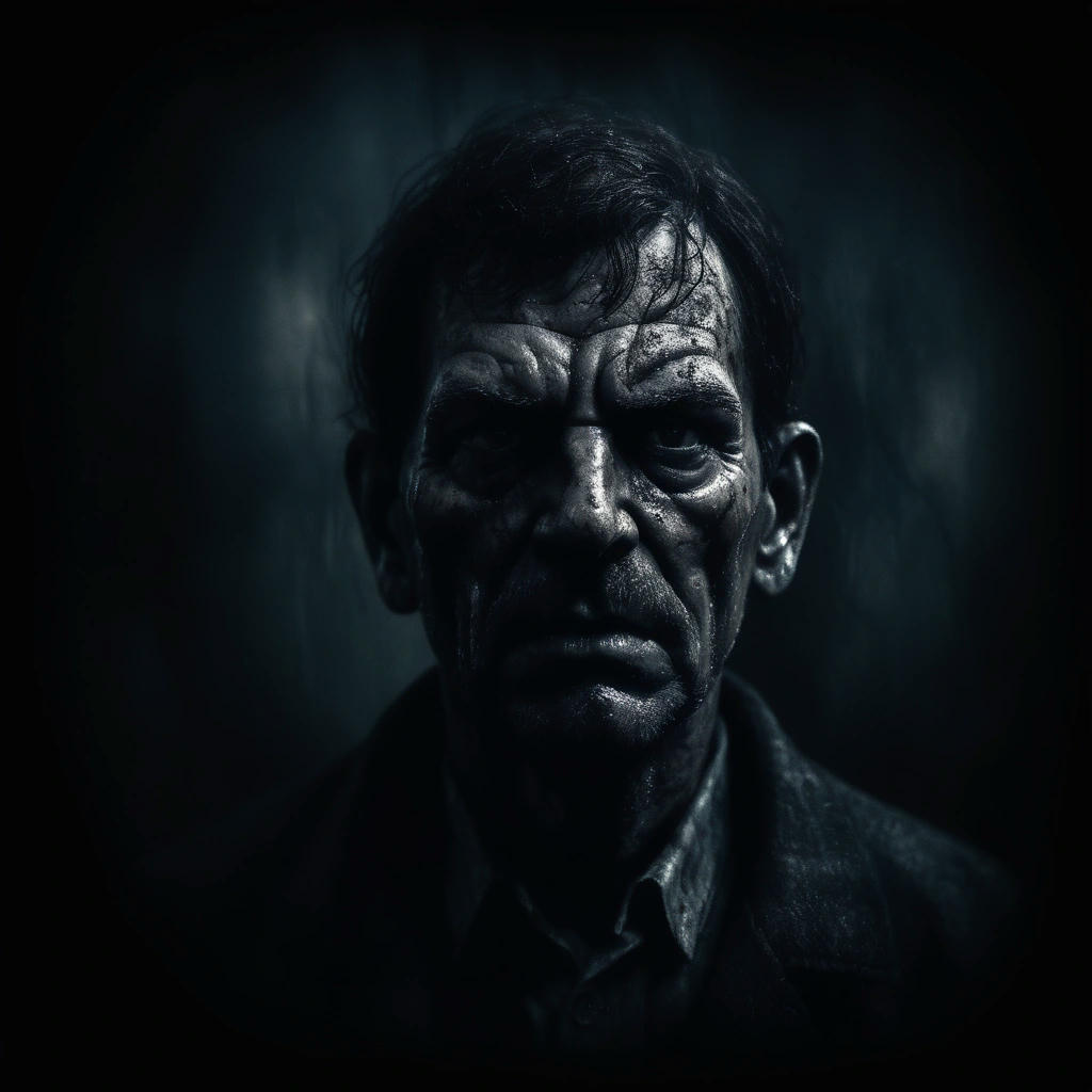 A haunting illustration of a serial killer's face, with a blurred background of a dark and stormy night, created in a moody and atmospheric style, with a focus on the textures and shadows of the face, reminiscent of a horror movie