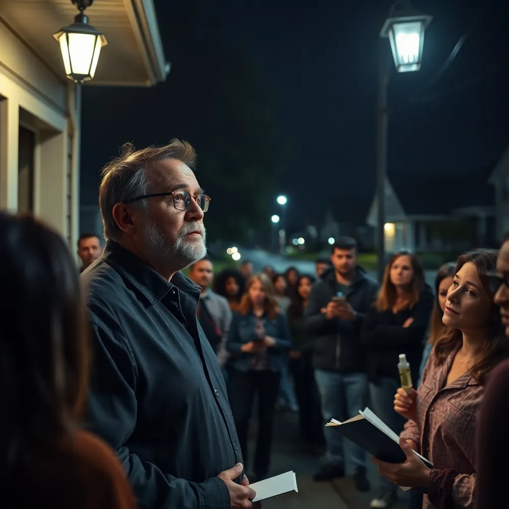 nighttime suburban street gathering, small crowd listening reverently to a charismatic ordinary man with slightly red tired eyes speaking under a porch light, followers holding notebooks and eye drops, surreal inspirational mood, cinematic realism