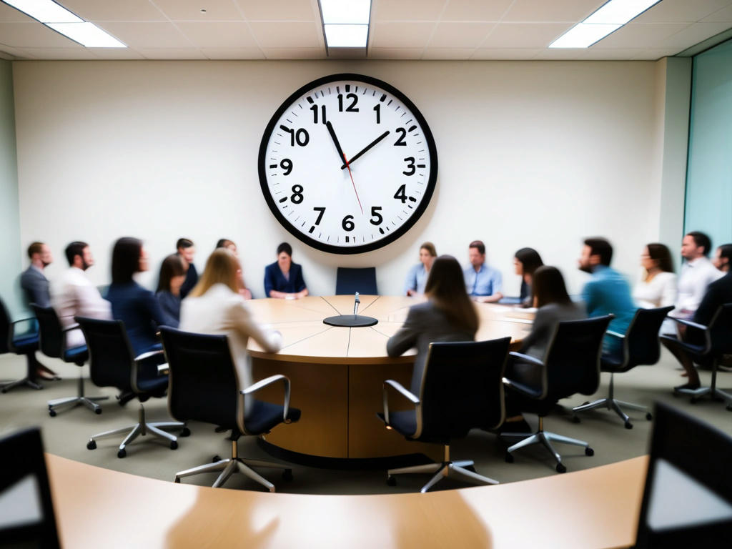 a clock with its hands spinning rapidly, surrounded by people in a meeting room looking bored and disengaged