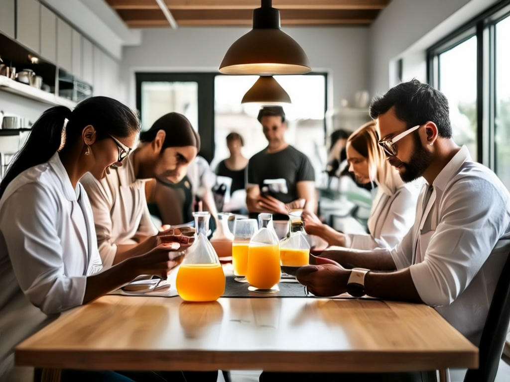 a diverse group of people using the Flatulink app in various settings, such as at home, in a restaurant, and in a research lab, showcasing its versatility and broad appeal