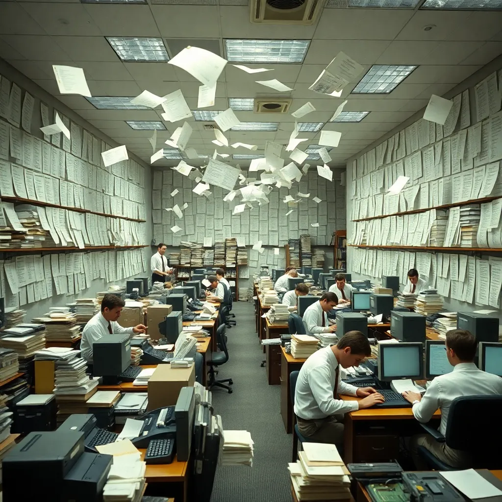 enormous office full of clerks compiling endless lists on typewriters and computers, papers flying in organized chaos, walls covered with checklists, numbered folders stacked to the ceiling, humorous yet elegant bureaucratic scene