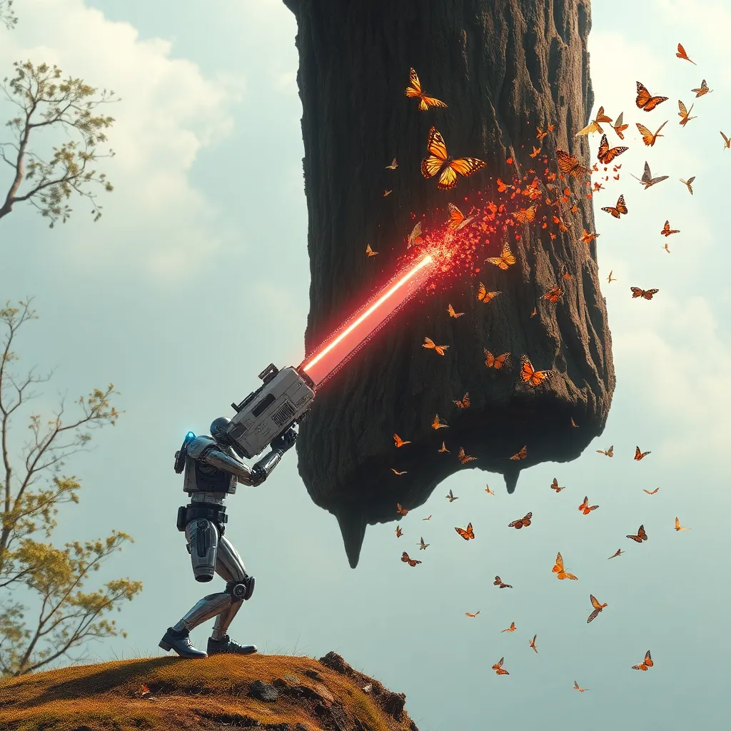 A futuristic security droid attempting to use a laser chainsaw on a floating tree trunk, only for the laser to turn into a stream of butterflies, surreal sci-fi aesthetic