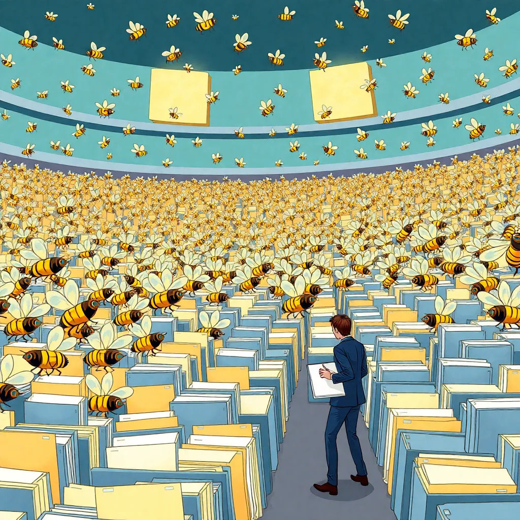 a tiny meticulous office worker in a suit attempting to organize a gigantic stadium filled with buzzing bees carrying filing folders, absurd cinematic scene, vibrant colors, editorial cartoon realism
