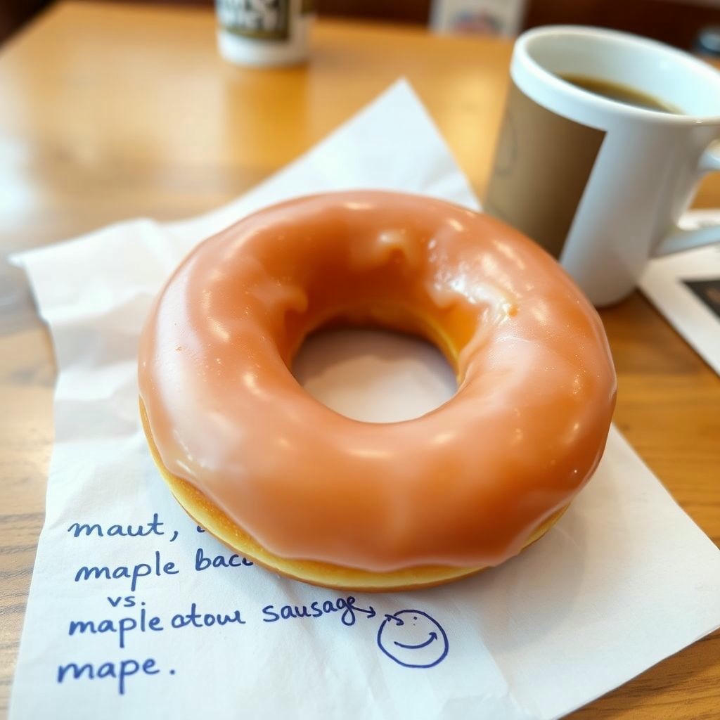A close-up of a single glazed ring donut on a napkin