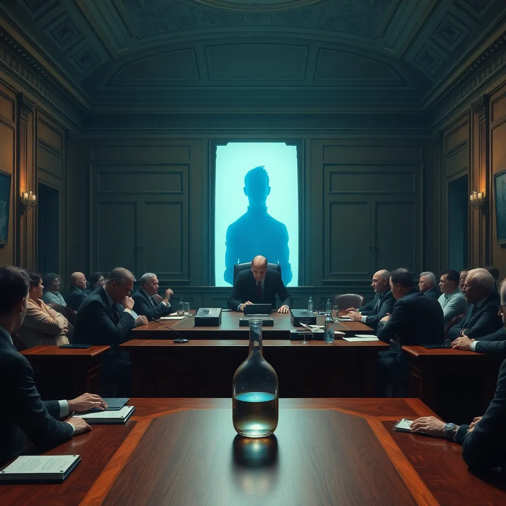 municipal emergency meeting in a grand but slightly shabby council chamber, officials arguing around a table with a mysterious glowing vial, blue-faced witness silhouette in the background, absurd bureaucratic chaos, realistic style, cinematic composition