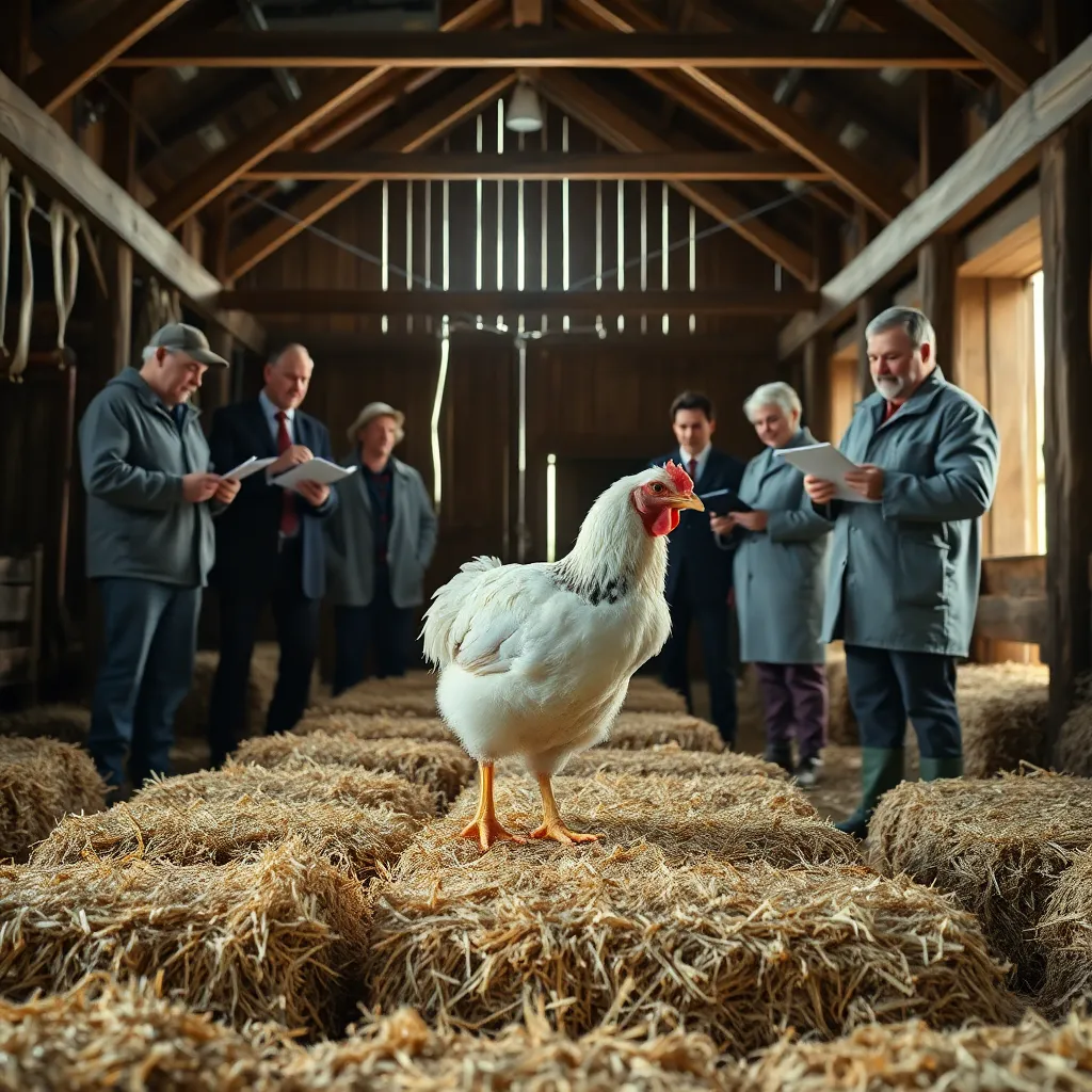 inside a rustic barn transformed into a legal inspection scene, scientists and officials measuring an eight-legged chicken as it scuttles diagonally across hay bales, clipboards everywhere, confused farmers, absurd seriousness, rich textures, documentary style realism