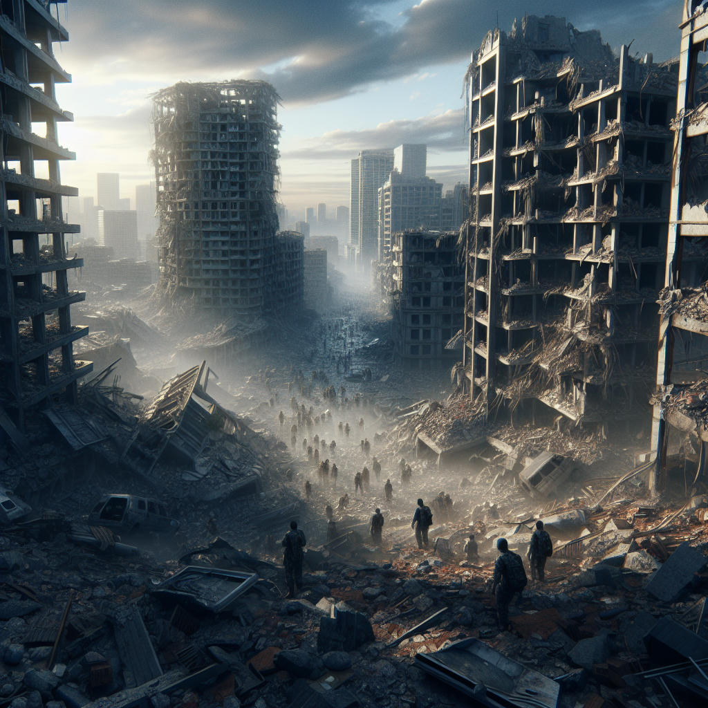 A devastated cityscape with ruins and rubble, survivors wandering through the wreckage, high detail, photorealistic, dramatic lighting, award-winning photography