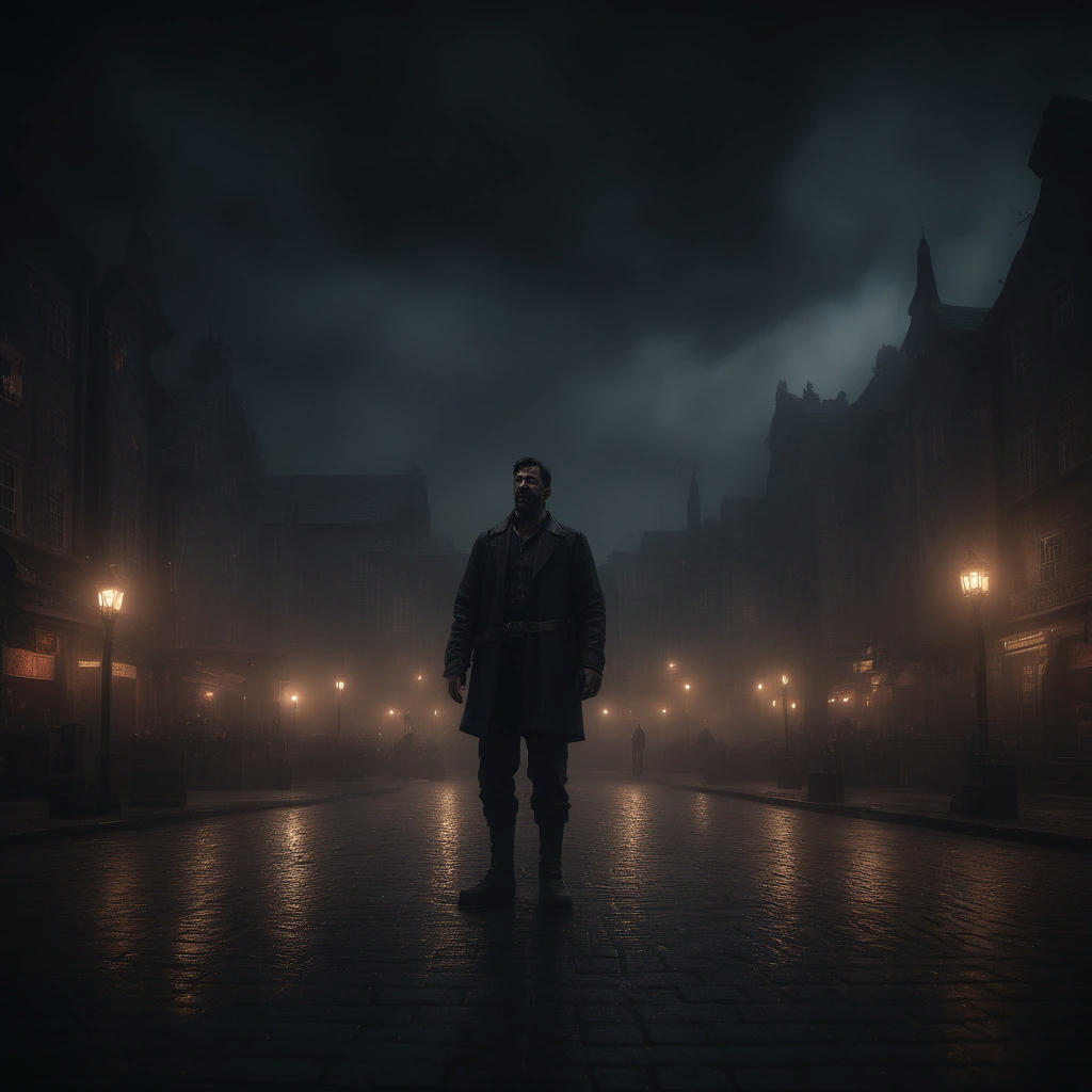 a dark and ominous town square at night, with the one-legged man standing in the center, surrounded by flickering torches, and a sense of foreboding in the air, hyperdetailed, cinematic lighting, 4k, trending on cgsociety