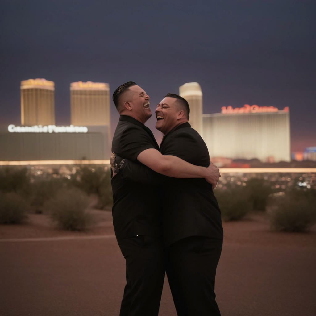 A photo of Vinnie and Karl laughing and embracing, with the Las Vegas skyline in the background, warm lighting, shallow depth of field, by Annie Leibovitz