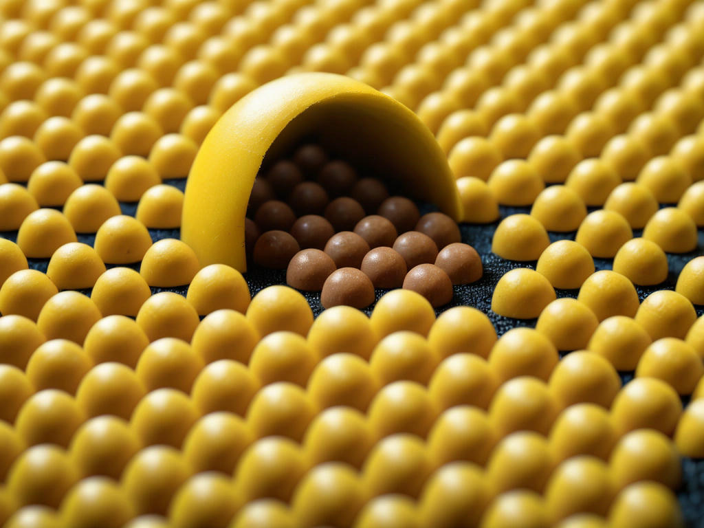 Pac-Man eating pellets in the maze, with a close-up of the pellets showing their texture