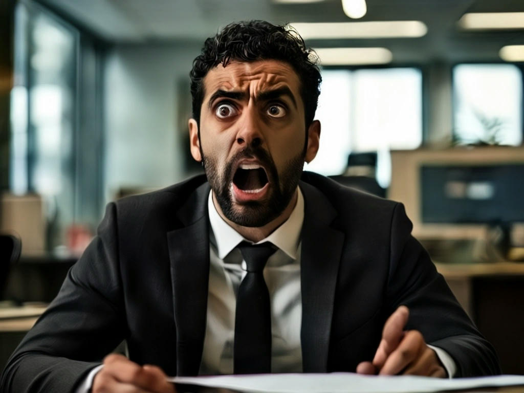 Guilherme Boulos receiving a job offer in a dramatic scene, looking shocked and overwhelmed, office setting