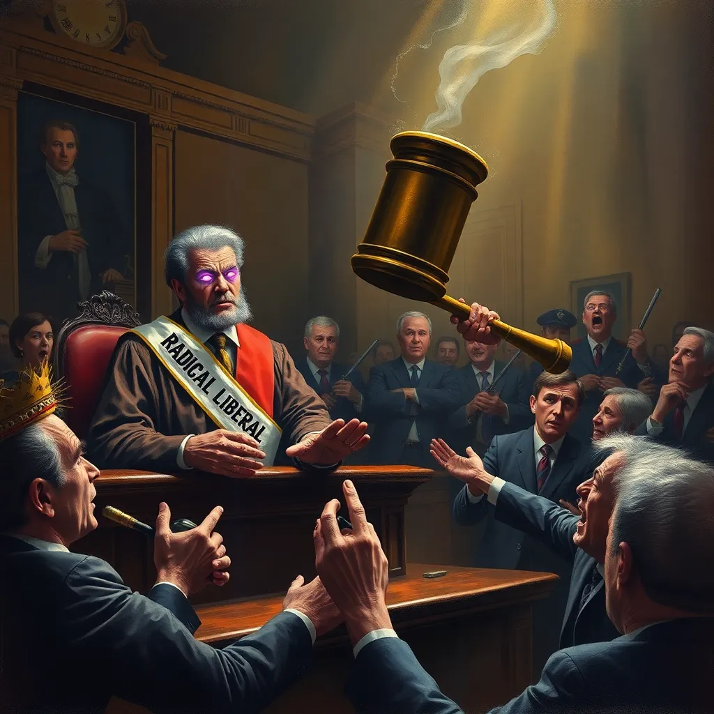 A chaotic courtroom scene where a judge with glowing purple eyes and a 'Radical Liberal' sash is protecting a sentient, floating hammer from a group of angry patriots, oil painting style, dramatic lighting