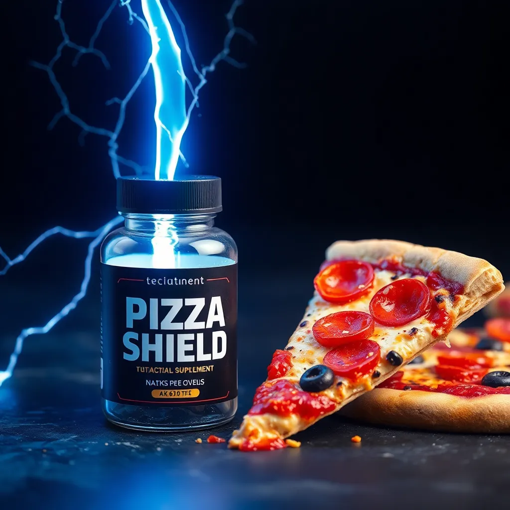 A futuristic tactical supplement bottle labeled 'PIZZA SHIELD' sitting next to a slice of pizza that is being struck by a bolt of blue lightning, hyper-realistic, 8k resolution