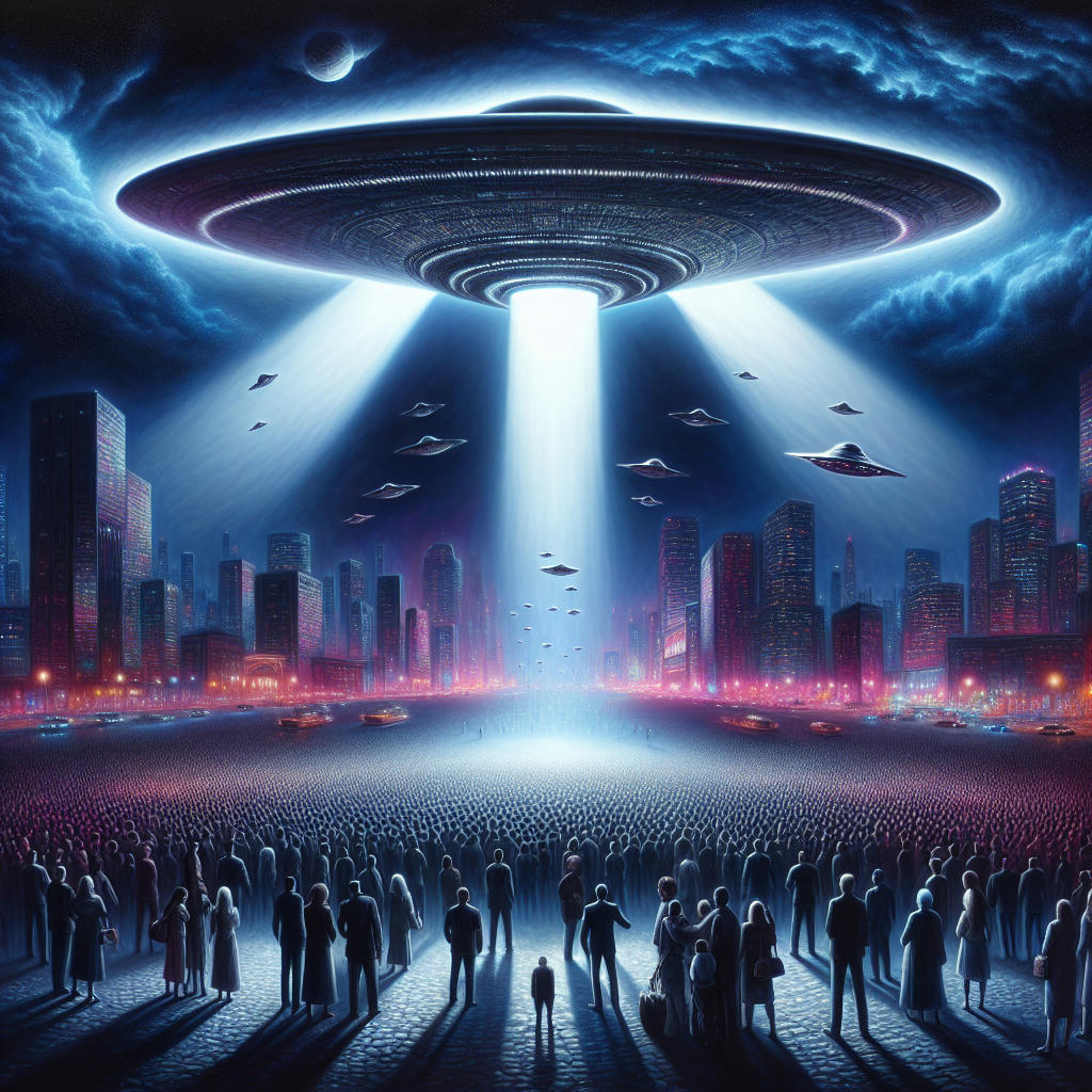 a massive V-shaped UFO formation in the night sky, thousands of people watching in awe and fear, cityscape in the background, cinematic lighting, 4k, hyper-realistic, trending on artstation