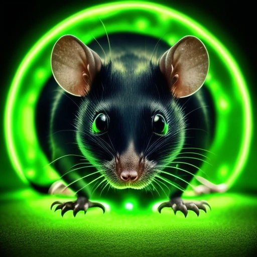 Rat with glowing green eyes close-up