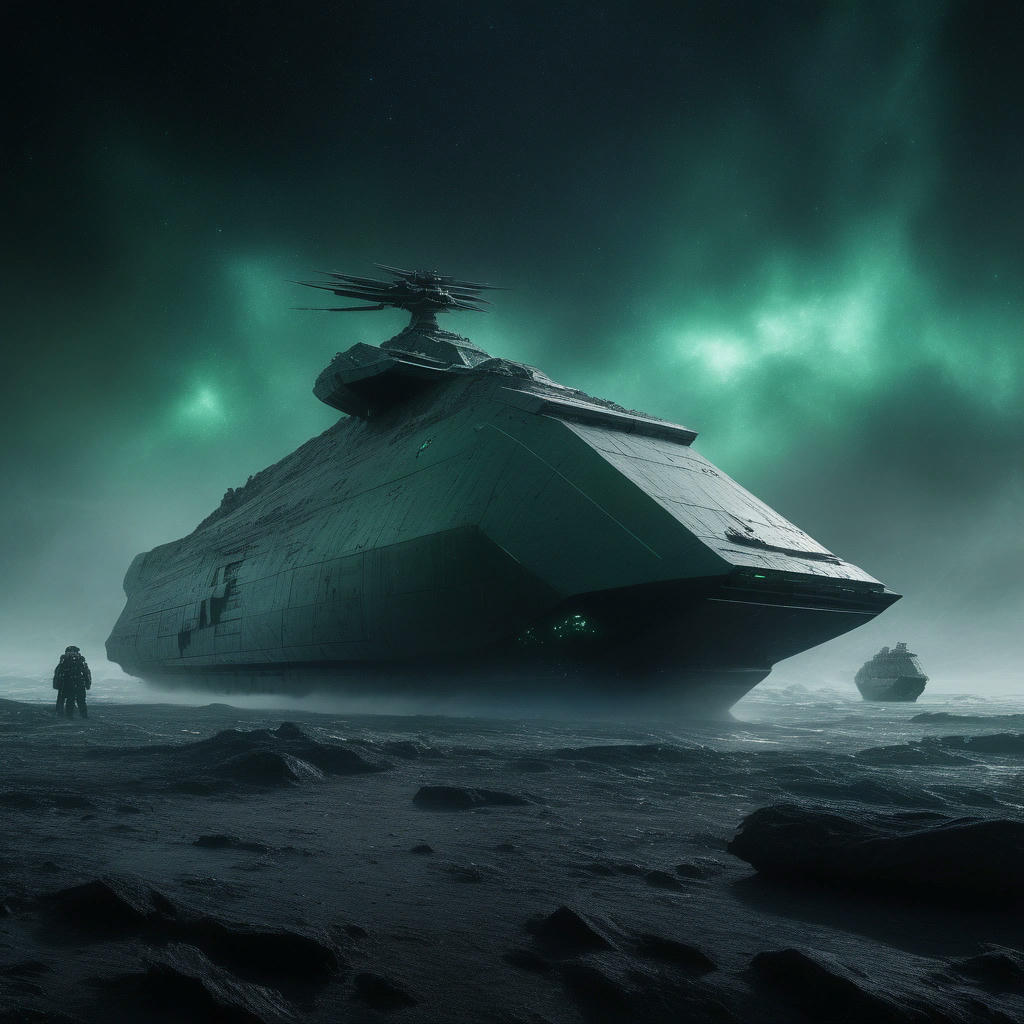 A sleek, high-tech image of the Erebus counterattack ship, with a team of scientists and soldiers in the foreground, looking determined and ready for battle, with a subtle hint of desperation in their eyes, set against a backdrop of stars and the looming green nebula