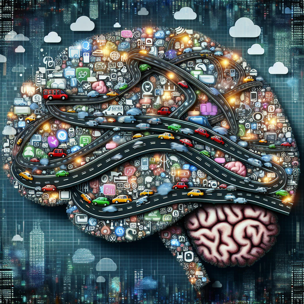 Brain overwhelmed with data, resembling a traffic jam.