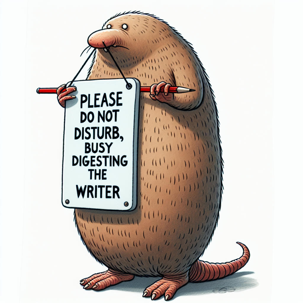 A 'Please do not disturb, busy digesting the writer' sign hanging on grue's belly