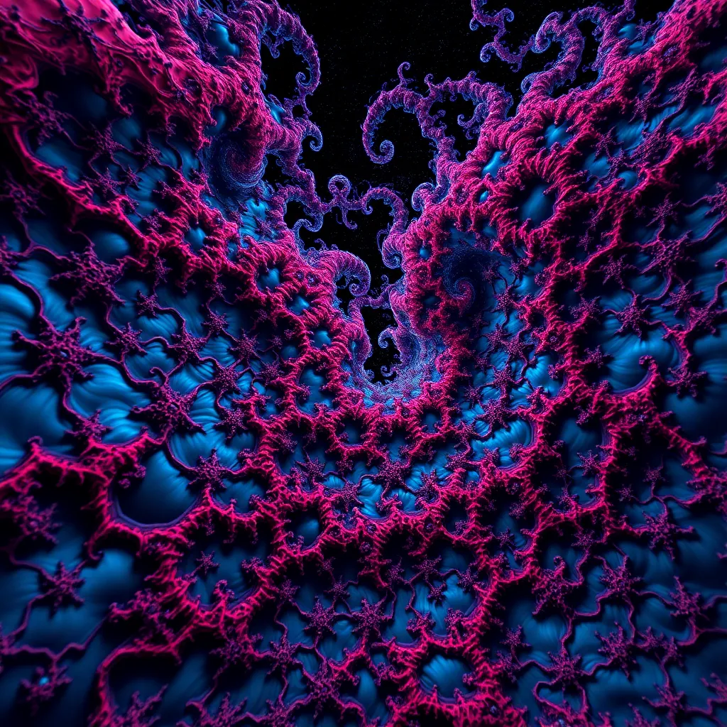 extreme close-up voyage into the edge of the Mandelbrot set, swirling seahorse valley patterns, electric blue and crimson filaments, countless tiny self-similar Mandelbrot shapes hidden in ornate structures, deep space background, hyper-detailed digital art, breathtaking and unsettling