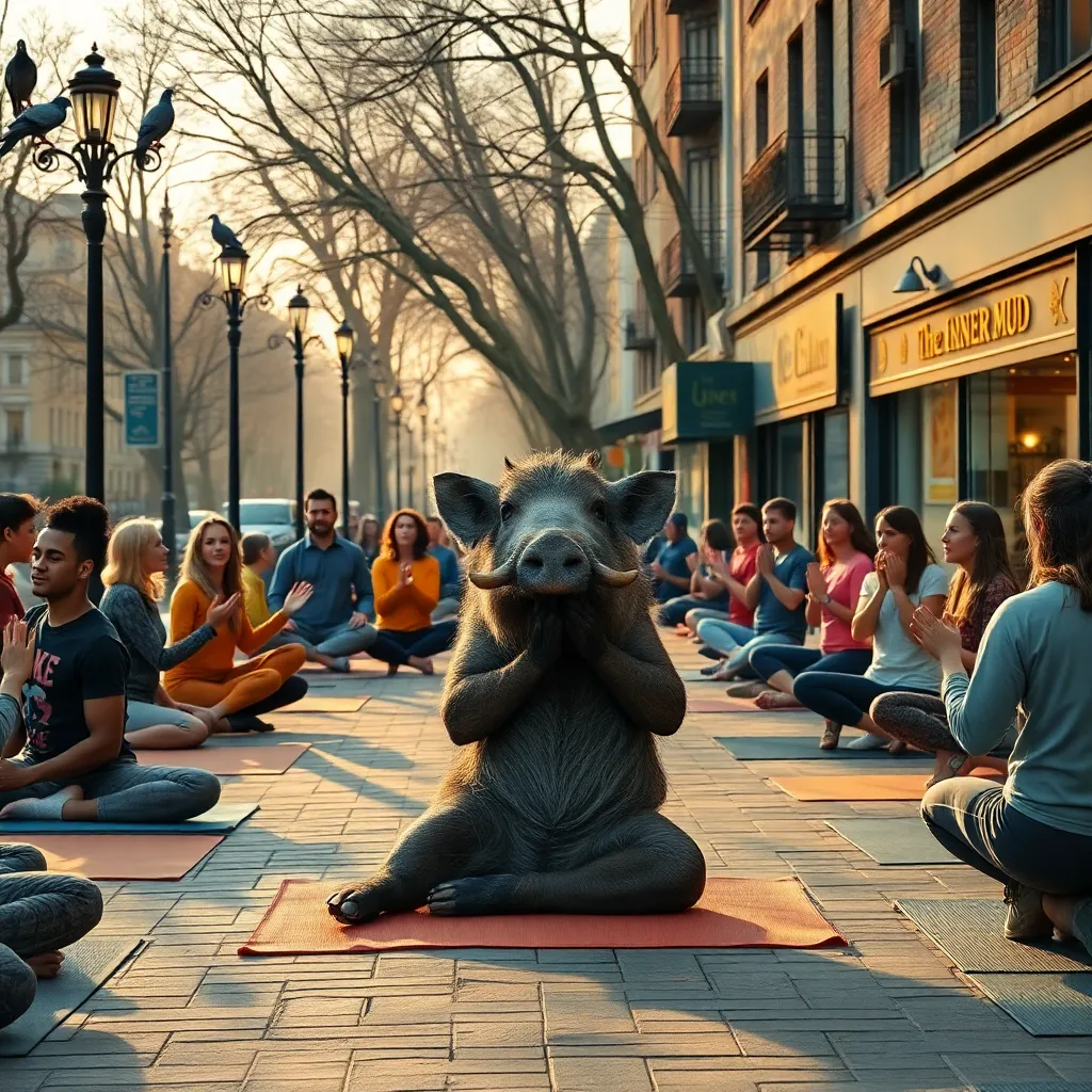 outdoor yoga class led by a kneeling warthog, diverse townspeople attempting impossible serene poses around him, pigeons watching critically from lamp posts, a nearby juice bar sign reading The Inner Mud, warm early morning light, rich realistic textures with absurd elegance