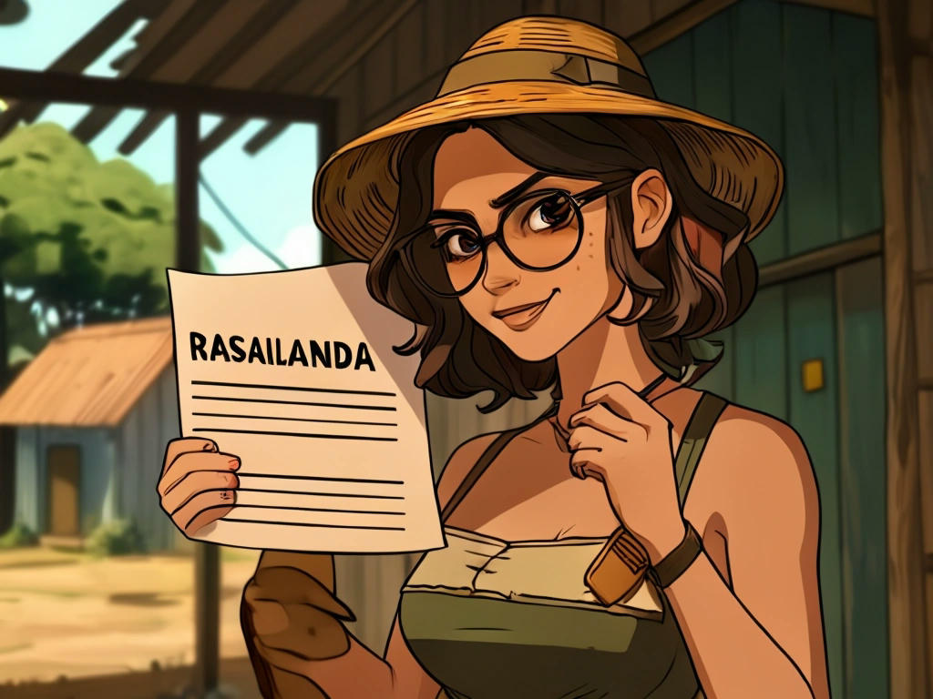 Um personagem feminino, com uma expressão de raiva, segurando uma carta de cobrança de imposto, com um fundo de uma fazenda brasileira.