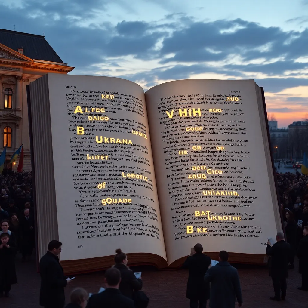 enormous open dictionary in a public square, each page glowing with a single Ukrainian letter and its elaborate ceremonial full name, crowds of citizens in coats reading solemnly, banners fluttering, cinematic twilight, magical realism, detailed