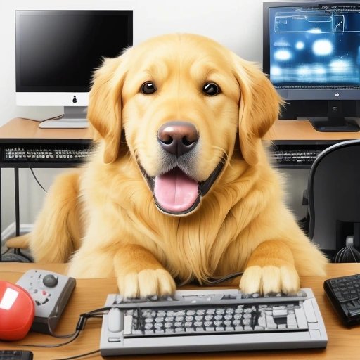 Golden Retriever using a computer