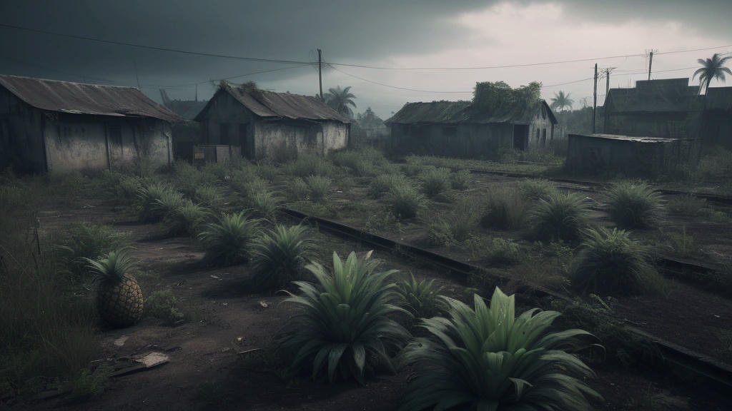 A desolate and abandoned small town, overgrown pineapple fields, eerie and haunting atmosphere, remnants of a once-thriving community, hyper-realistic, extremely detailed, post-apocalyptic, cinematic lighting