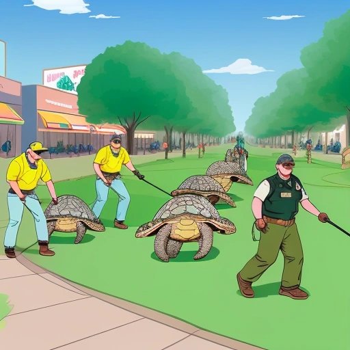 Mall staff rounding up turtles after the invasion