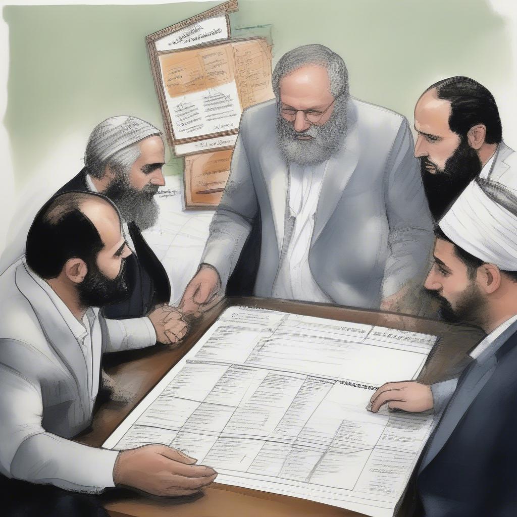 a stressed wedding planner showing a seating chart to Israeli and Hamas negotiators, with place cards labeled 'Mossad Agents,' 'Qassam Brigades,' and 'Uncle Sam (Cash Bar)'