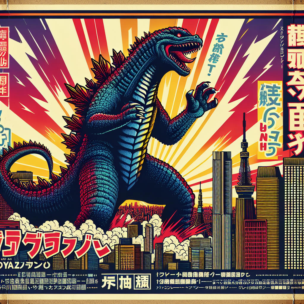 a movie poster style image of a kaiju attacking Tokyo, vibrant colors, dramatic poses, Japanese text, cinematic, retro style, highly detailed