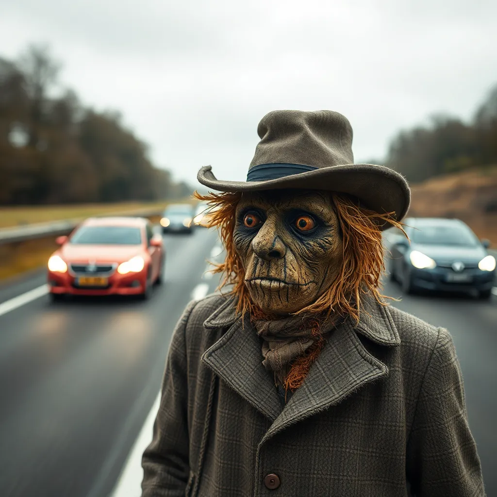 close-up cinematic portrait of a weathered scarecrow in a tweed jacket and crooked hat on a motorway, straw poking from sleeves, blurred speeding cars behind, dramatic wind, hyper-detailed textures, unsettlingly dignified expression implied through composition