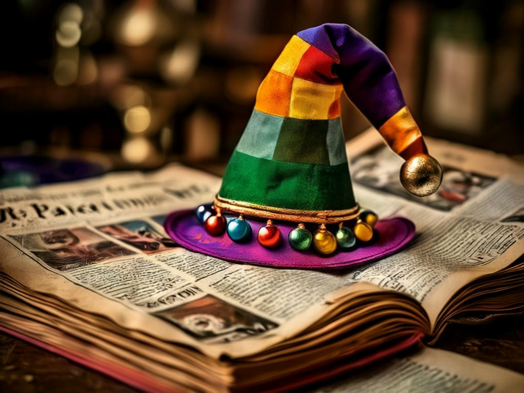 a jester's hat with bells and vibrant colors, sitting atop a newspaper, representing playful and entertaining content