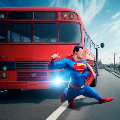 Superman struggling to lift a bus