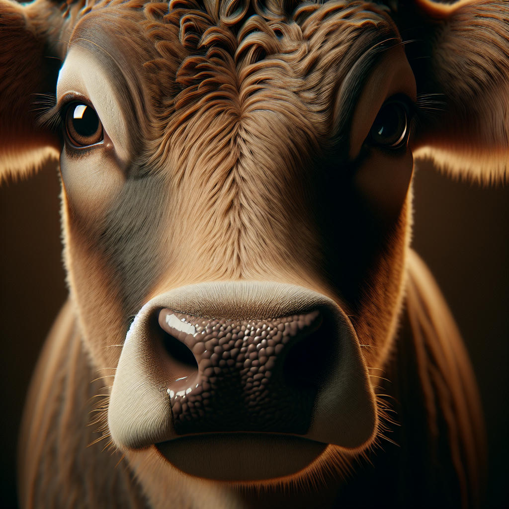 a close-up of a cow's face, looking directly at the camera, warm lighting, highly detailed, photorealistic, 8k, trending on artstation