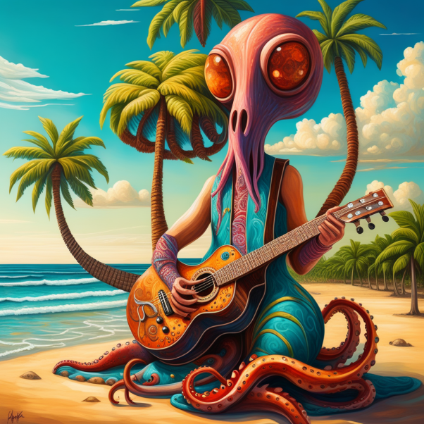 Octopus playing guitar on the beach