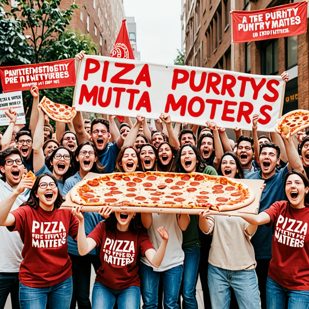 A group of people rejoicing with pizzas