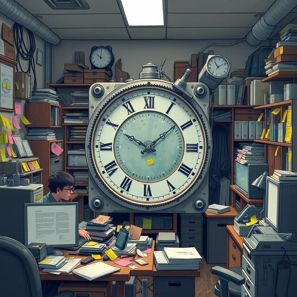 a time machine being built in a cluttered office, surrounded by frustrated developers and sticky notes