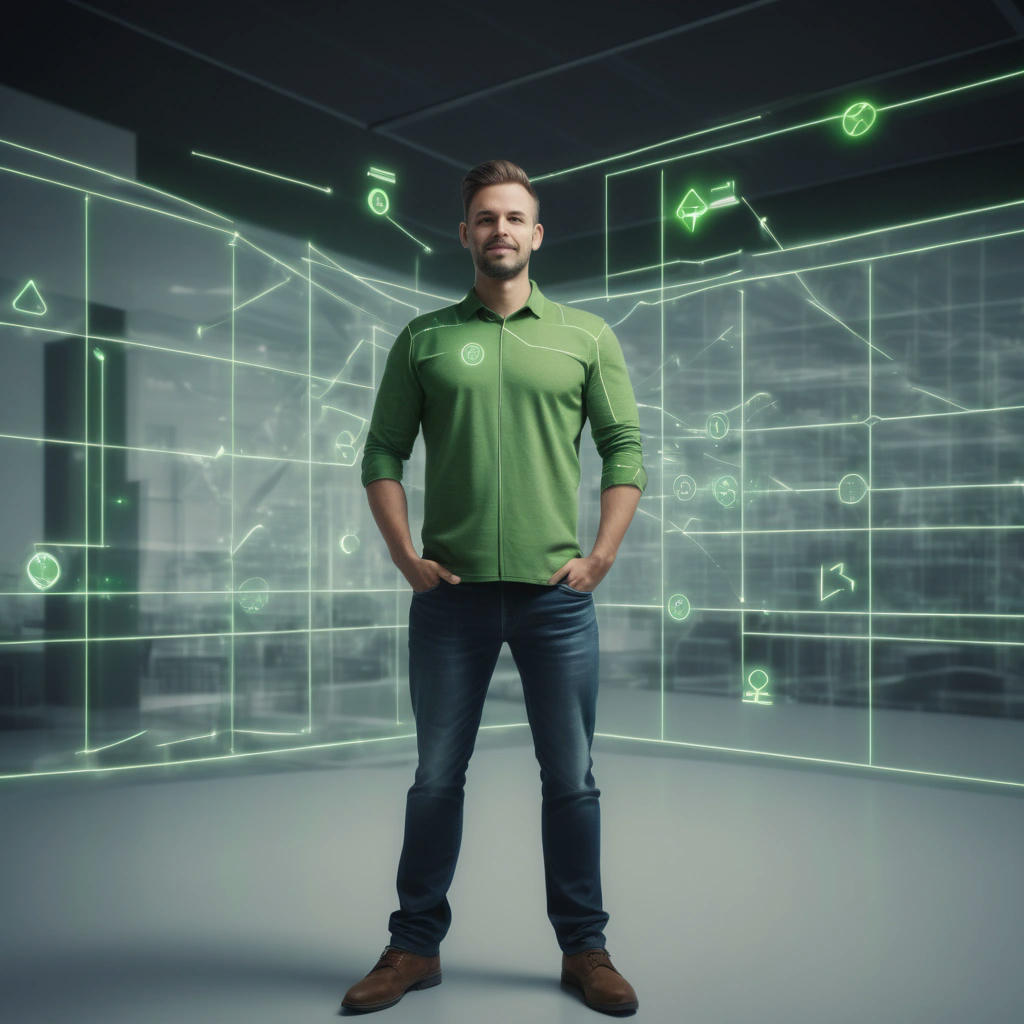 a developer standing in front of a complex system architecture diagram, with arrows and lines connecting different components, looking satisfied and proud, with a big green checkmark symbol above their head, indicating success, photorealistic, high detail, studio lighting, 4k